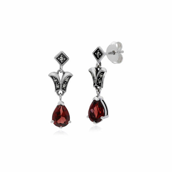 gemondo Art Nouveau Style Pear Garnet & Marcasite Drop Earrings in 925 Sterling Silver