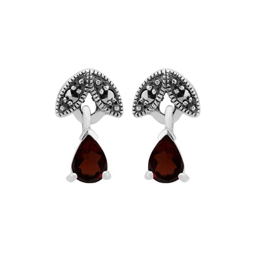 gemondo Art Nouveau Style Pear Garnet & Marcasite Drop Earrings in 925 Sterling Silver
