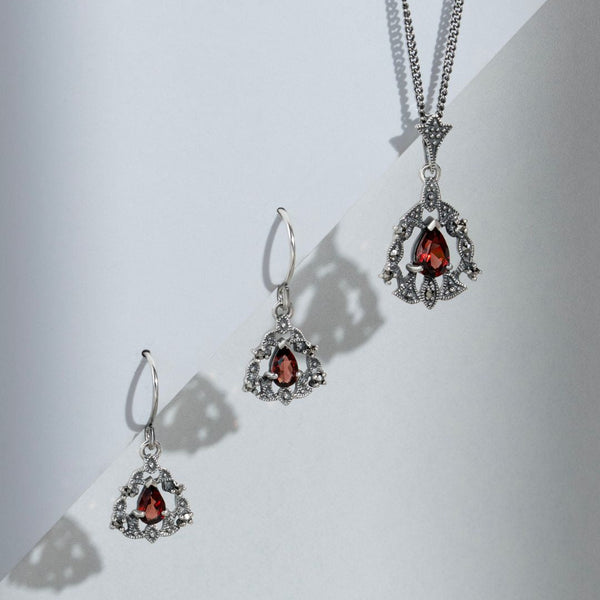 Gemondo Art Nouveau Style Pear Garnet & Marcasite Garland Drop Earrings In Silver