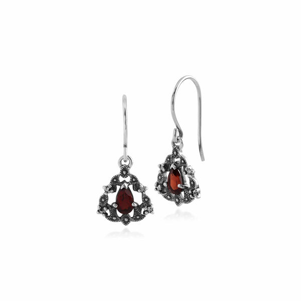 gemondo Art Nouveau Style Pear Garnet & Marcasite Garland Drop Earrings in Silver