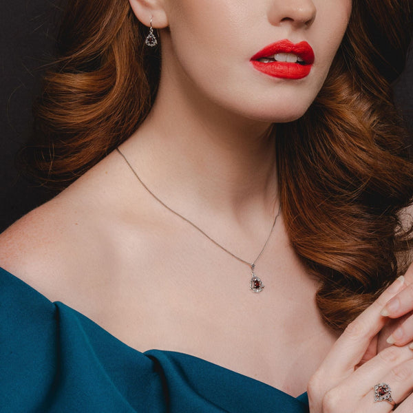 Gemondo Art Nouveau Style Pear Garnet & Marcasite Garland Pendant In Silver