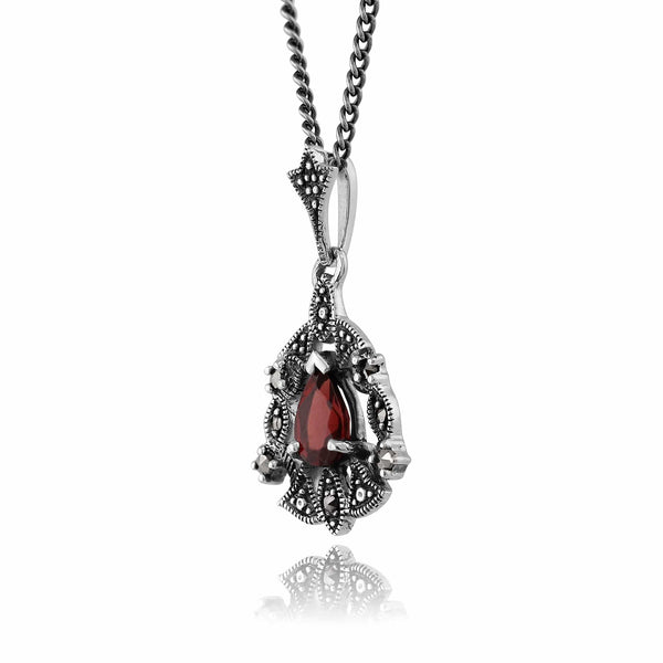 Gemondo Art Nouveau Style Pear Garnet & Marcasite Garland Pendant In Silver