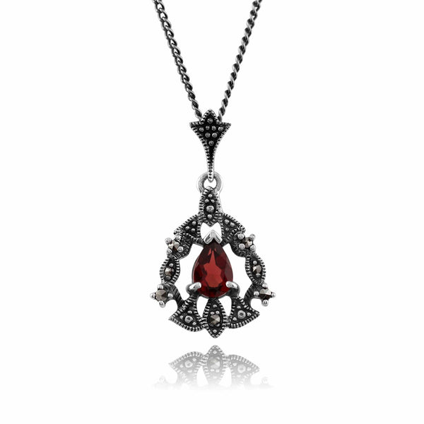 gemondo Art Nouveau Style Pear Garnet & Marcasite Garland Pendant in Silver