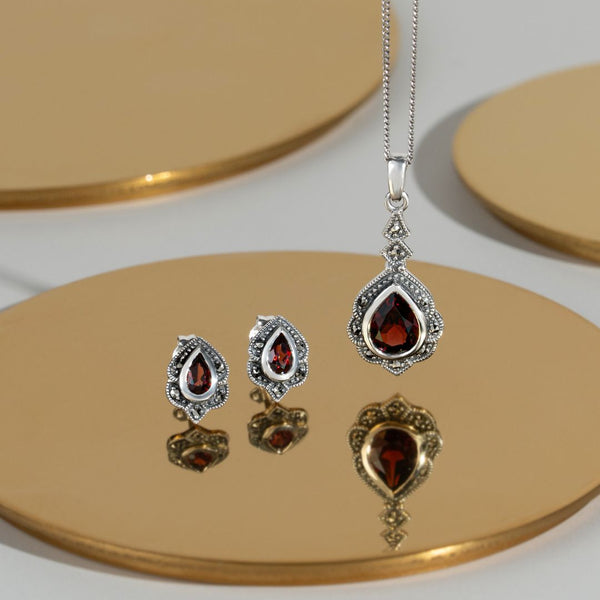 Gemondo Art Nouveau Style Pear Garnet & Marcasite Leaf Pendant In 925 Sterling Silver