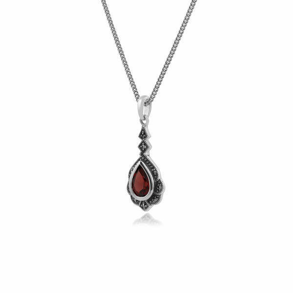 Gemondo Art Nouveau Style Pear Garnet & Marcasite Leaf Pendant In 925 Sterling Silver