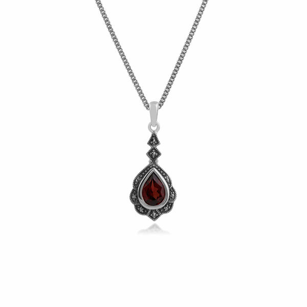 gemondo Art Nouveau Style Pear Garnet & Marcasite Leaf Pendant in 925 Sterling Silver