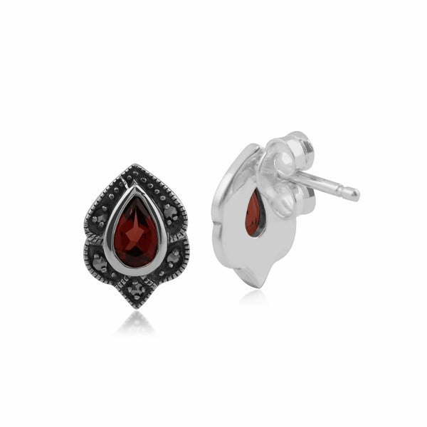 Gemondo Art Nouveau Style Pear Garnet & Marcasite Leaf Stud Earrings In 925 Sterling Silver