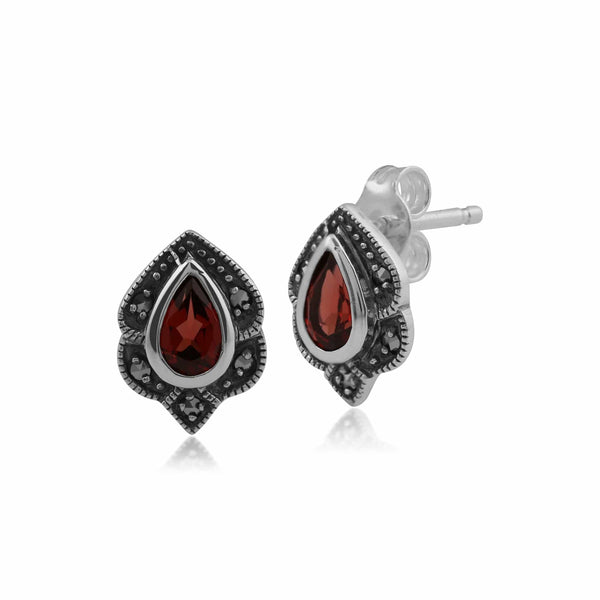 gemondo Art Nouveau Style Pear Garnet & Marcasite Leaf Stud Earrings in 925 Sterling Silver