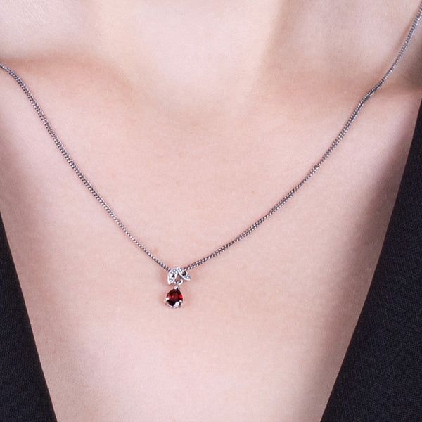 Gemondo Art Nouveau Style Pear Garnet & Marcasite Pendant In 925 Sterling Silver