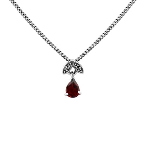 gemondo Art Nouveau Style Pear Garnet & Marcasite Pendant in 925 Sterling Silver