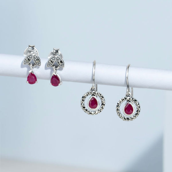 Gemondo Art Nouveau Style Pear Ruby & Marcasite Drop Earrings In 925 Sterling Silver