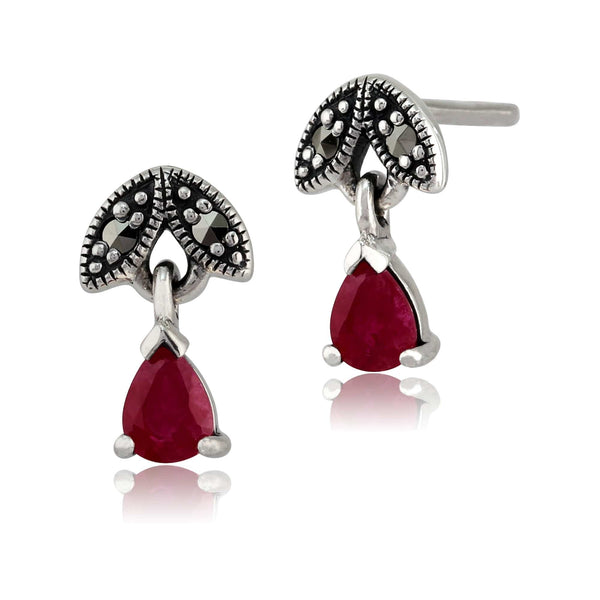 gemondo Art Nouveau Style Pear Ruby & Marcasite Drop Earrings in 925 Sterling Silver