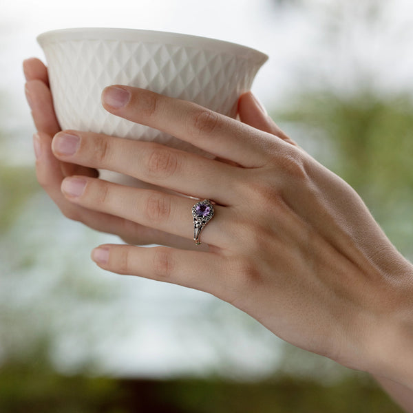 Gemondo Art Nouveau Style Round Amethyst & Marcasite Floral Ring In Sterling Silver