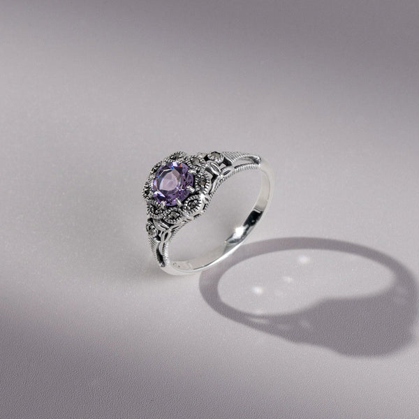 Gemondo Art Nouveau Style Round Amethyst & Marcasite Floral Ring In Sterling Silver