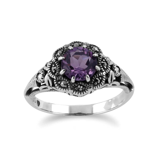 gemondo Art Nouveau Style Round Amethyst & Marcasite Floral Ring in Sterling Silver