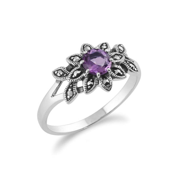 Gemondo Art Nouveau Style Round Amethyst & Marcasite Floral Ring In 925 Sterling Silver