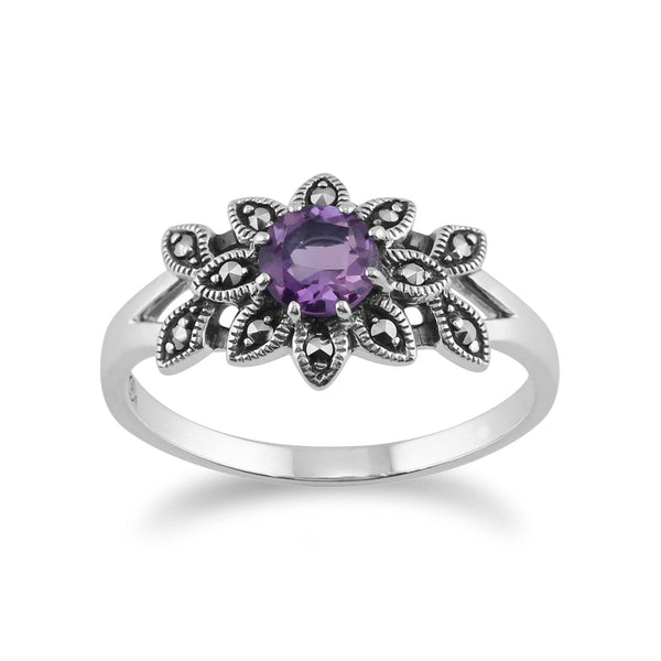 gemondo Art Nouveau Style Round Amethyst & Marcasite Floral Ring in 925 Sterling Silver