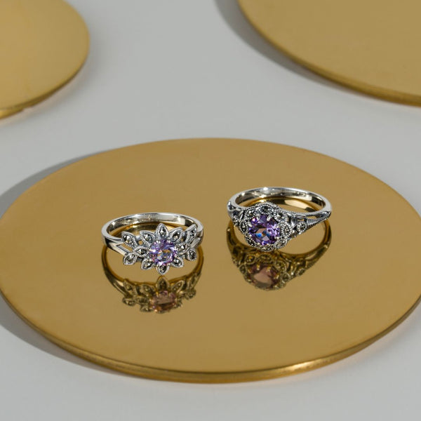Gemondo Art Nouveau Style Round Amethyst & Marcasite Floral Ring In 925 Sterling Silver