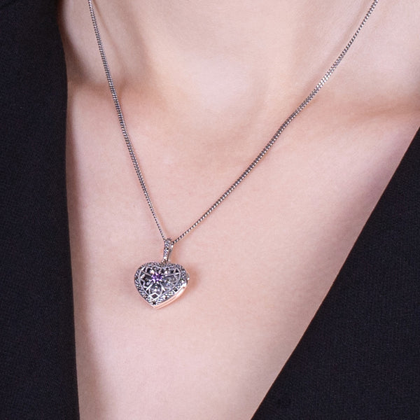 Gemondo Art Nouveau Style Round Amethyst & Marcasite Heart Necklace In 925 Sterling Silver