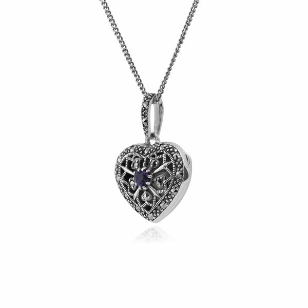 Gemondo Art Nouveau Style Round Amethyst & Marcasite Heart Necklace In 925 Sterling Silver