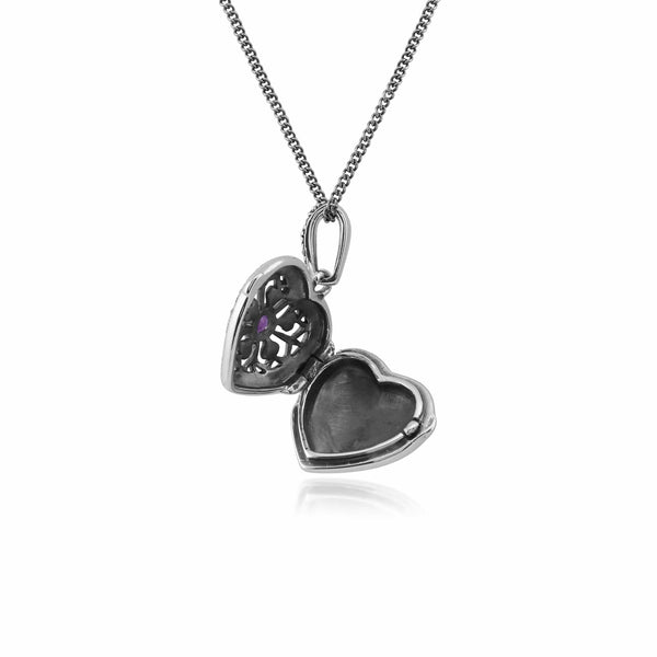 Gemondo Art Nouveau Style Round Amethyst & Marcasite Heart Necklace In 925 Sterling Silver