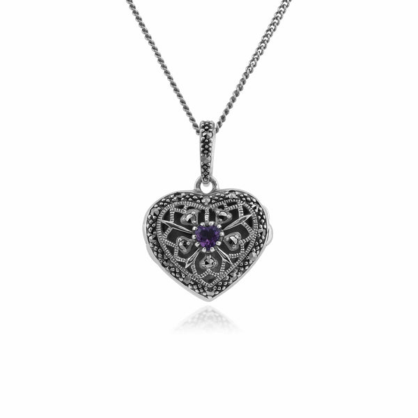 gemondo Art Nouveau Style Round Amethyst & Marcasite Heart Necklace in 925 Sterling Silver