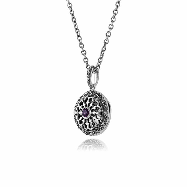 Gemondo Art Nouveau Style Round Amethyst & Marcasite Locket On Chain In 925 Sterling Silver