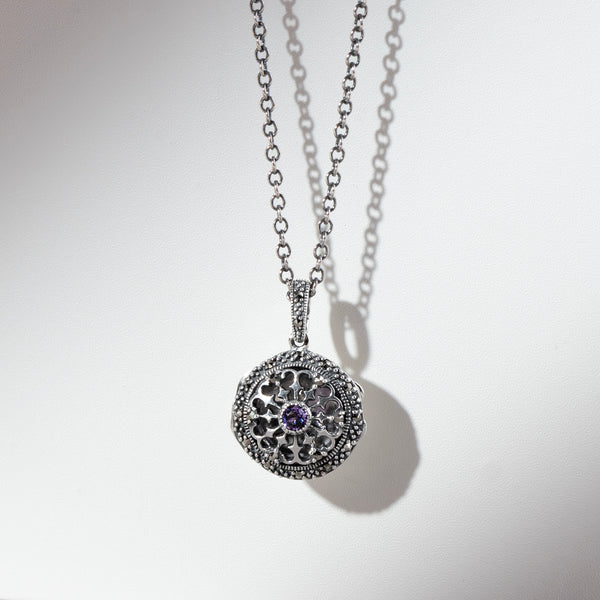 Gemondo Art Nouveau Style Round Amethyst & Marcasite Locket On Chain In 925 Sterling Silver