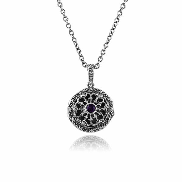 gemondo Art Nouveau Style Round Amethyst & Marcasite Locket on Chain in 925 Sterling Silver
