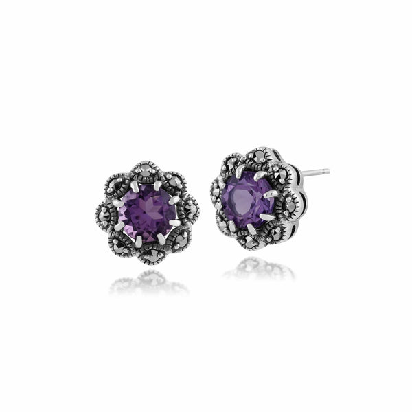 gemondo Art Nouveau Style Round Amethyst & Marcasite Stud Earrings in 925 Sterling Silver