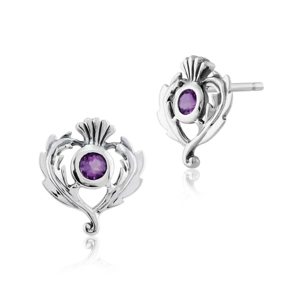 gemondo Art Nouveau Style Round Amethyst Thistle Stud Earrings in 925 Sterling Silver
