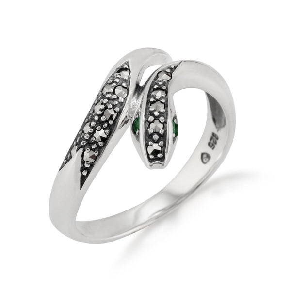 gemondo Art Nouveau Style Round Emerald & Marcasite Snake Ring in 925 Sterling Silver