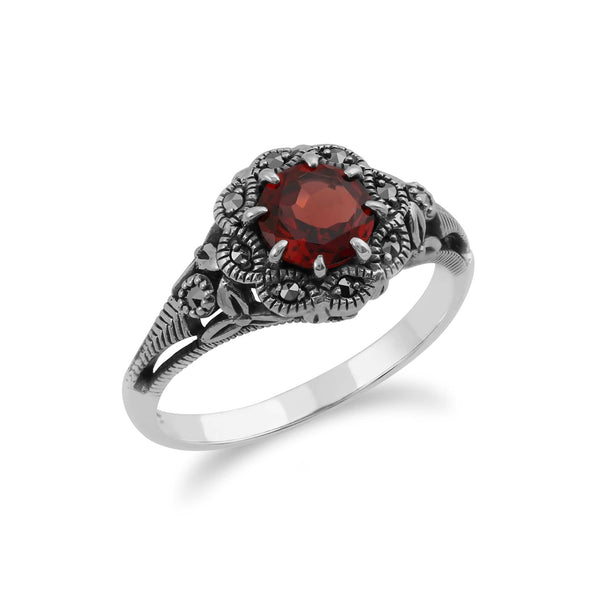 Gemondo Art Nouveau Style Round Garnet & Marcasite Floral Ring In Sterling Silver