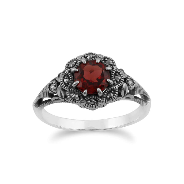 gemondo Art Nouveau Style Round Garnet & Marcasite Floral Ring in Sterling Silver