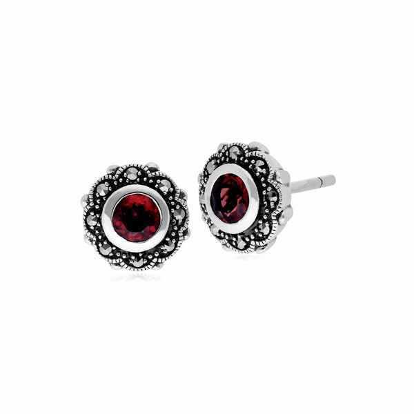 gemondo Art Nouveau Style Round Garnet & Marcasite Floral Stud Earrings in 925 Sterling Silver