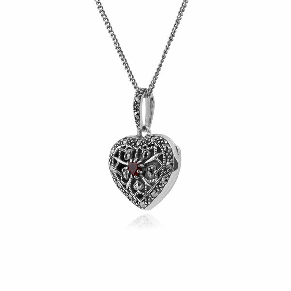 Gemondo Art Nouveau Style Round Garnet & Marcasite Heart Necklace In 925 Sterling Silver