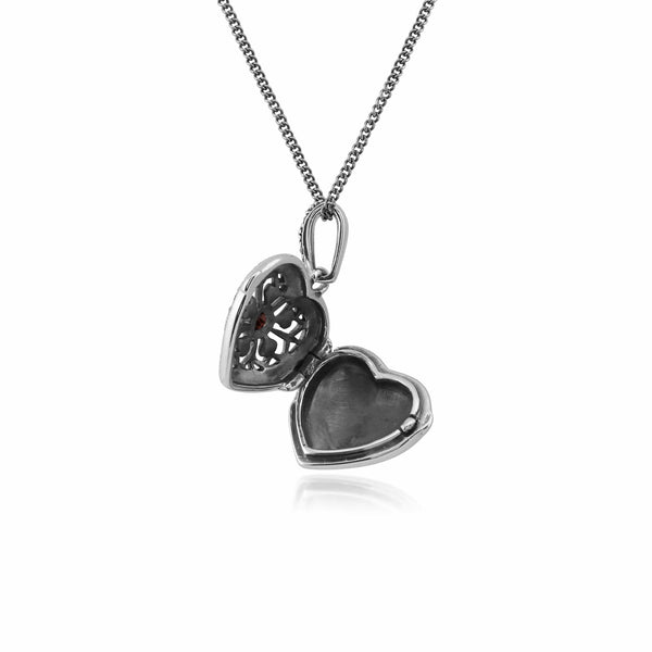 Gemondo Art Nouveau Style Round Garnet & Marcasite Heart Necklace In 925 Sterling Silver
