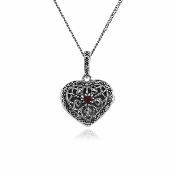 gemondo Art Nouveau Style Round Garnet & Marcasite Heart Necklace in 925 Sterling Silver