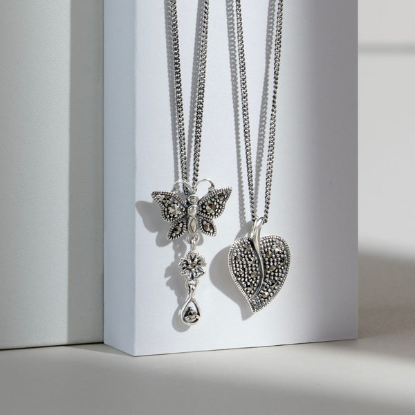 Gemondo Art Nouveau Style Round Marcasite Butterfly Pendant In 925 Sterling Silver