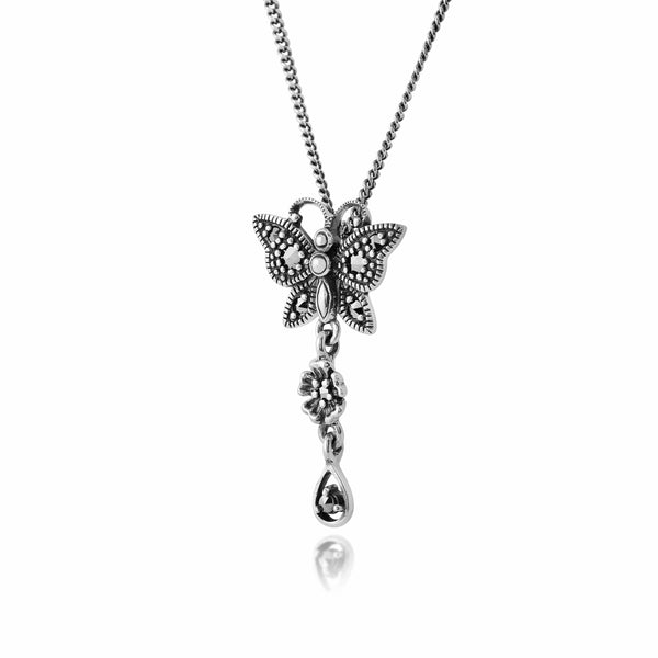 Gemondo Art Nouveau Style Round Marcasite Butterfly Pendant In 925 Sterling Silver