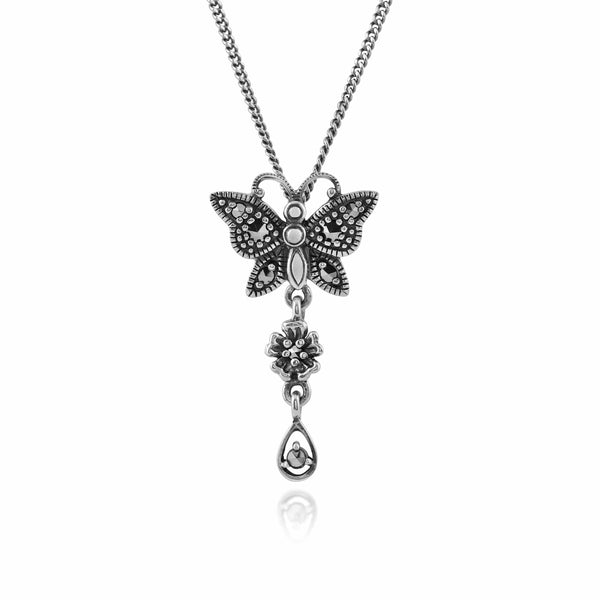 gemondo Art Nouveau Style Round Marcasite Butterfly Pendant in 925 Sterling Silver