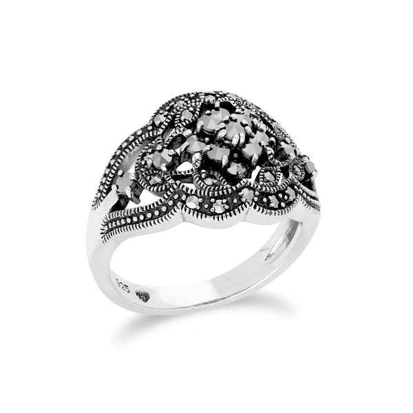 Gemondo Art Nouveau Style Round Marcasite Cluster Ring In 925 Sterling Silver