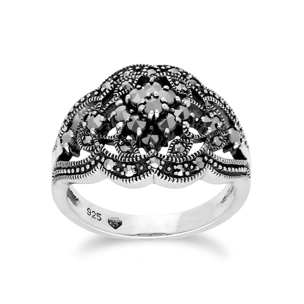 gemondo Art Nouveau Style Round Marcasite Cluster Ring in 925 Sterling Silver