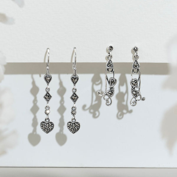 Gemondo Art Nouveau Style Round Marcasite Drop Earrings In 925 Sterling Silver