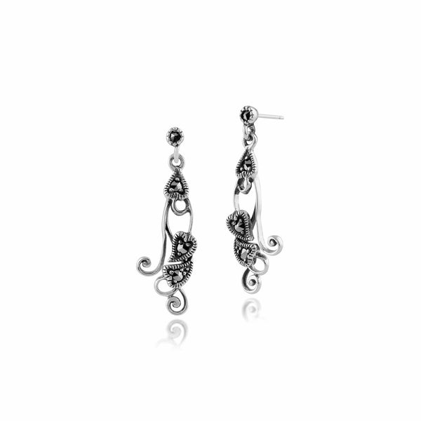 gemondo Art Nouveau Style Round Marcasite Drop Earrings in 925 Sterling Silver