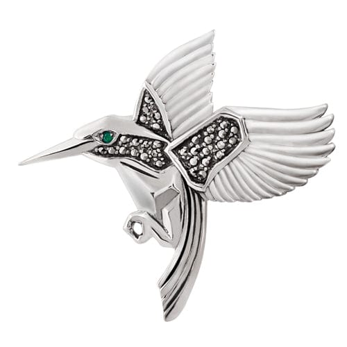 gemondo Art Nouveau Style Round Marcasite Hummingbird Brooch in 925 Sterling Silver