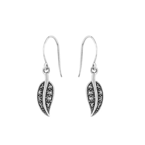 gemondo Art Nouveau Style Round Marcasite Leaf Drop Earrings in 925 Sterling Silver