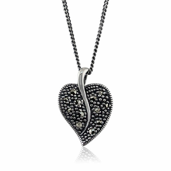 gemondo Art Nouveau Style Round Marcasite Leaf Swirl Pendant in 925 Sterling Silver