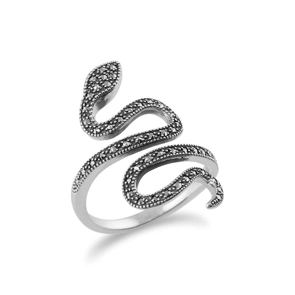Gemondo Art Nouveau Style Round Marcasite Silver Snake Boho Ring