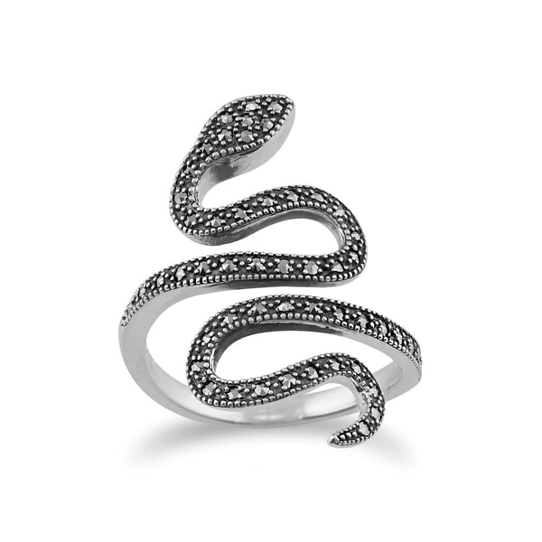 gemondo Art Nouveau Style Round Marcasite Silver Snake Boho Ring